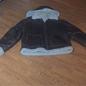 Brown Leather shearling coat from Wilson's Leather. Detachable Hood. Size Medium